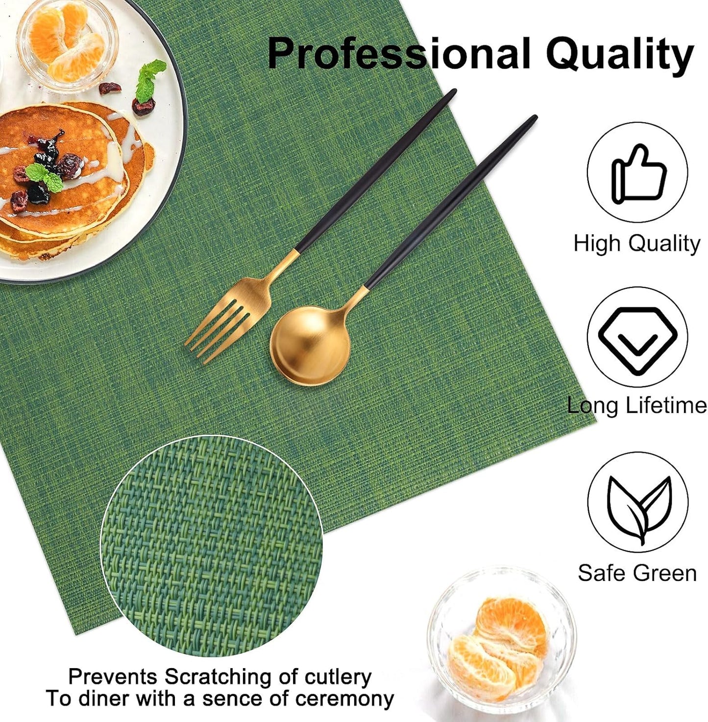 Vinyl Placemats Set of 6, PVC Woven Washable Non-Slip Table Mats, Heat Resistant Wrinkle Free Place Mats for Dining Table, Easy to Clean (6, Green)