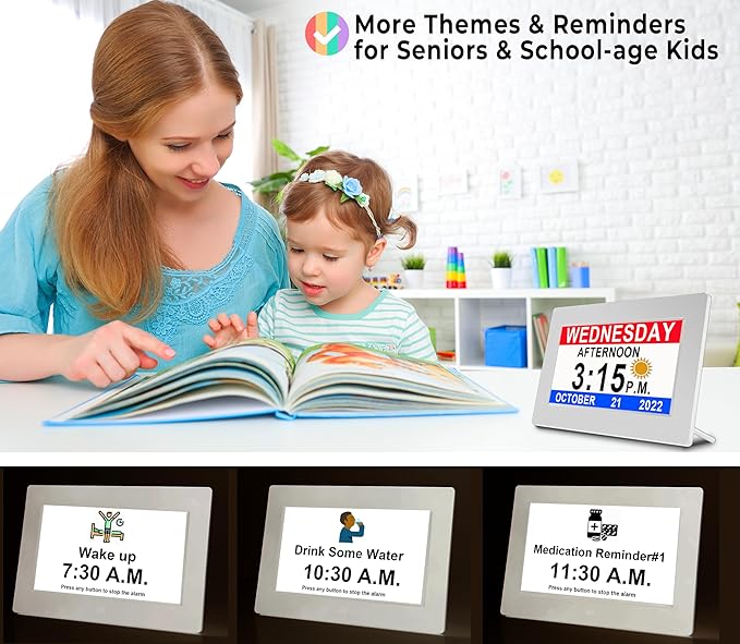 MASSII 𝗨𝗽𝗴𝗿𝗮𝗱𝗲𝗱 Dementia Clock 27 Alarms with Auto DST, DIY Custom Reminders,10 Auto-Dim Options, Non-Abbreviated Digital Clock for Elderly, Memory Battery Included (7 Inch with Remote)