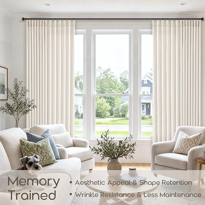 Pinch Pleated Extra Wide Natural Curtains 90 Inches Long Neutral Boho Memory Training Semi Sheer Aesthetic Large Window Curtains with Rings Back Tab Thick Linen Drapes for Patio Sliding Door 70x90
