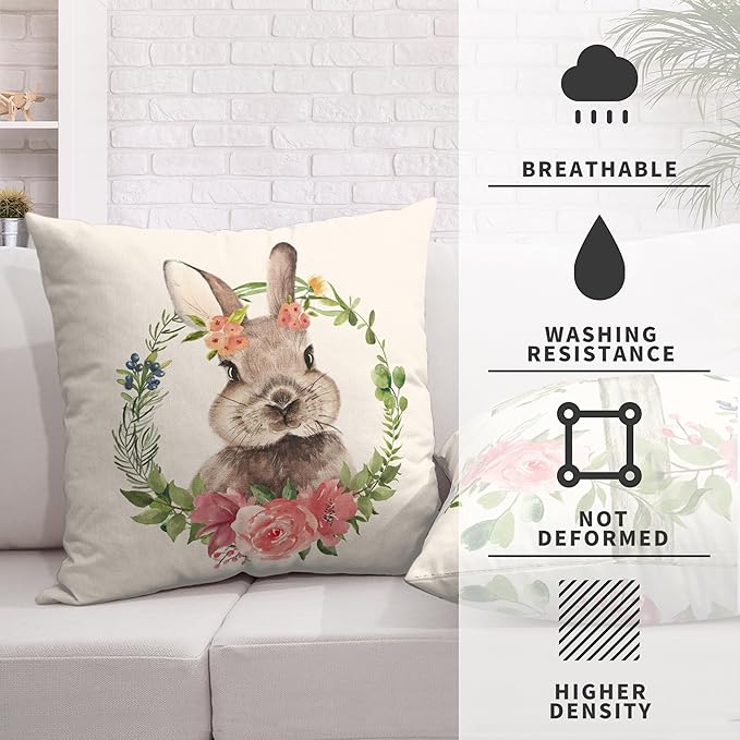 Spring Easter Pillow Covers Bunny Floral Wreath Easter Pillow Case 18x18 Pink Flowers Cross Throw Pillow Covers Set of 2 Cotton Linen Cushion Case for Living Room Couch Sofa
