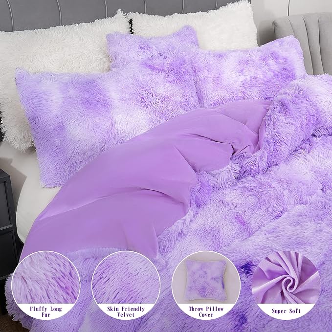 Fluffy Plush Purple Duvet Cover Set Queen Size, Luxury Soft Velvet Fuzzy Comforter Cover Bed Sets 4Pcs(1 Faux Fur Duvet Cover + 2 Pillow Cases + 1 Pillow Cover) Zipper Closure (Queen, Purple)