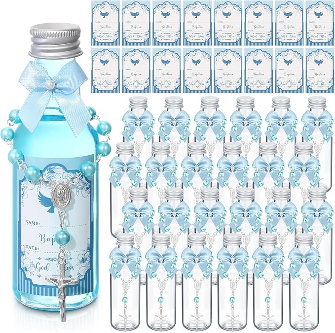 FillTouch 24 Sets Catholic Holy Water Bottle Baptism Rosary Set Baptism Favors 1.7oz Christian Water Container Empty Glass Holy Water Bottle for Easter Party Church Wedding Table Newborn (Blue)