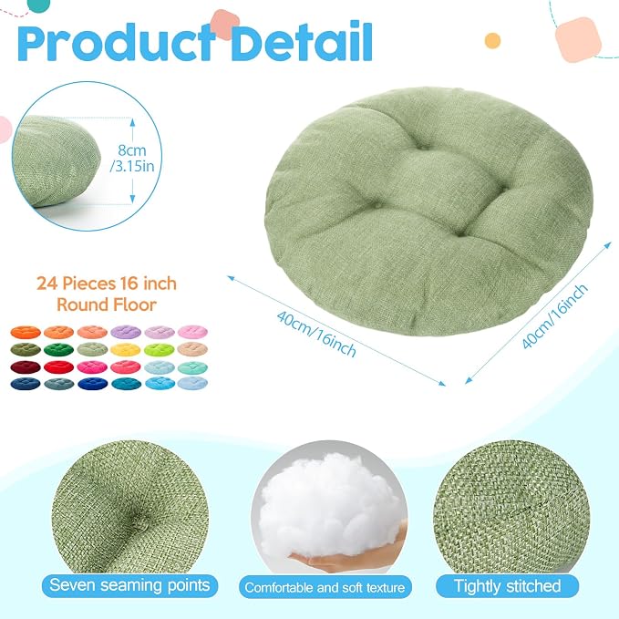 Fumete 24 Pcs 16 Inch Floor Cushions Pillow for Kids Bulk Classroom Round Flexible Seating Floor Cushions for Students Home Daycare School Reading Corner Yoga Meditation Picnic (Pastel Rainbow)