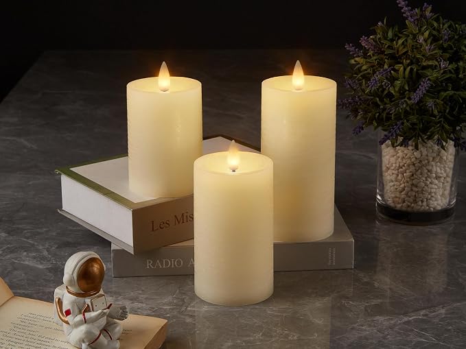 Flameless Pillar Candles Flickering with Remote Timer, Battery Operated LED Candles Up to 400 Hours, 3D Moving Flame Real Wax Candles. (Ivory Water Ripples, Set of 3)