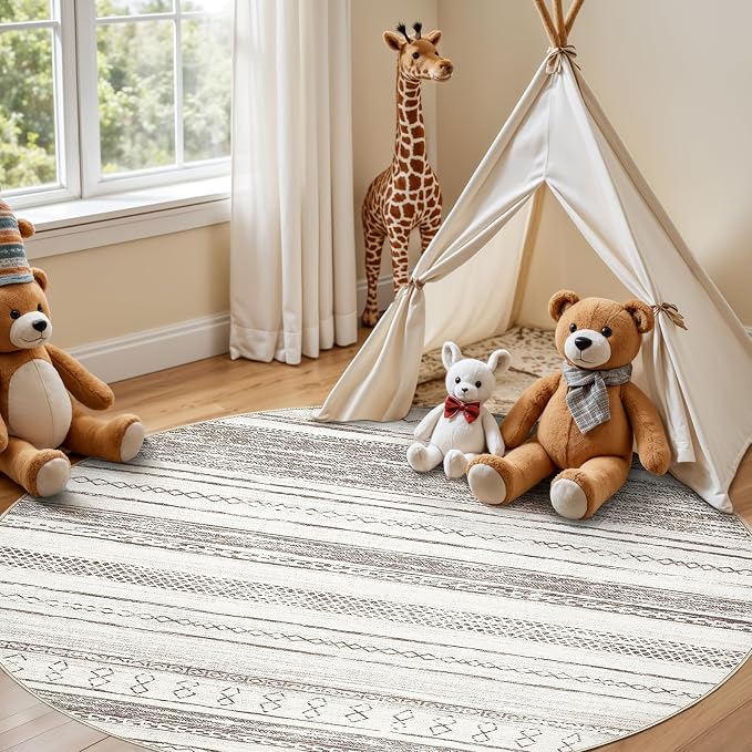 Tortania 5' Round Area Rug Living Room Rugs - Washable Large Soft Neutral Boho Moroccan Bohemian Farmhouse Rug Indoor Floor Carpet for Bedroom Under Dining Table Home Office Decor - Cream/Brown
