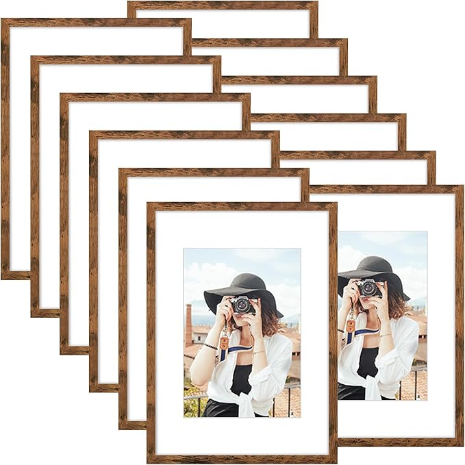 Picrit A3 Picture Frame Set of 12, Display 8.3x11.7 with Mat or 11.7 x 16.5 without Mat, Photo Frames for Wall Mounting Display, Brown