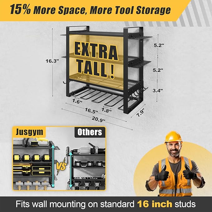 Jusgym Power Tool Organizer Wall Mount |200lbs Garage Storage Rack with 4 Cordless Drill Holder |4-Tier Heavy Duty Tool Storage Rack for Garage Organization |Gift for Men