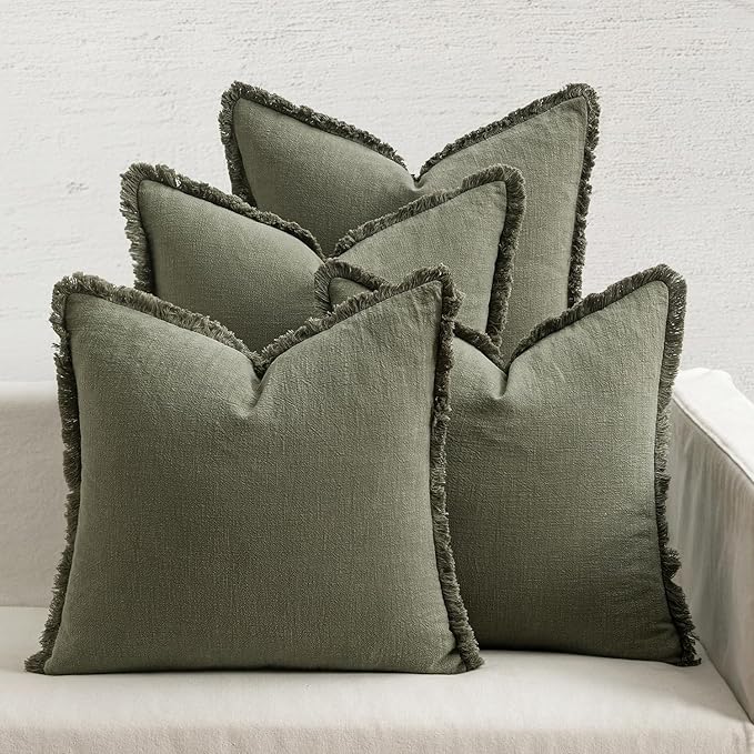 MIULEE Decorative Couch Pillow Covers Neutral Linen Fringe Throw Pillows Set of 4 Boho Farmhouse Cushions Soft Accent Pillowcases for Bed Couch Sofa Living Room Spring Decor 18x18 Inch Olive Green