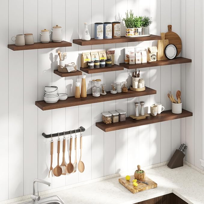 48 Inch Floating Shelves for Wall Set of 2, 8"D Wood Grain Bathroom Shelves with Invisible Brackets, Easy Install Engineered Wood Storage Shelves for Kitchen, Living Room, Bedroom, Walnut Finish