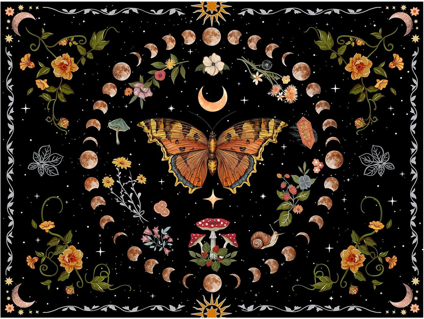 Aipon Orange Butterfly Moon Flower Tapestry Botanical Floral Plant Boho Tapestry for Bedroom Aesthetic Vintage Tapestries Wall Hanging for Living Room Dorm (68.00'' × 90.00'', Orange)