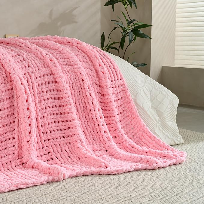Chunky Knit Blanket Throw 50x60 Inches,Handmade Cable Knit Crochet Blanket,Cozy Lightweight All Season,Wrinkle-Resistant Polyester for Couch Bed Sofa Reading Nook, Beige,Pink