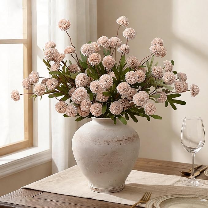 Waipfaru 10pcs Fake Silk Pompon Mum Artificial Flowers, Bulk Faux Mini Chrysanthemums, for Centerpieces Wedding Fillers Champagne Arrangements Boho Decor, No vase, Beige