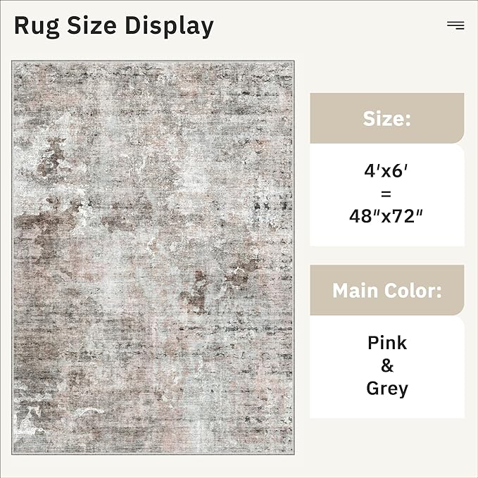 Soalmost Area Rugs 4x6 for Living Room, Vintage Washable Rugs for Dining Room, Kitchen, Non-Slip Area Rug Pink Grey