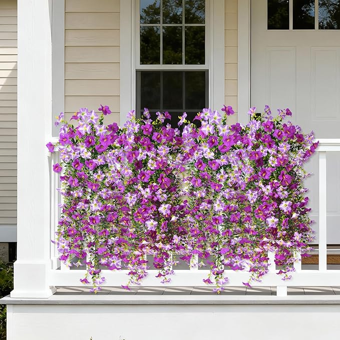 Artificial Fake Flowers Plants for Outdoor Spring Summer Decoration,2 PCS Faux Silk Morning Glory with Eucalyptus Leaves,UV Resistant Realistic Outdoor Flowers for Balcony Porch Patio Yard Garden