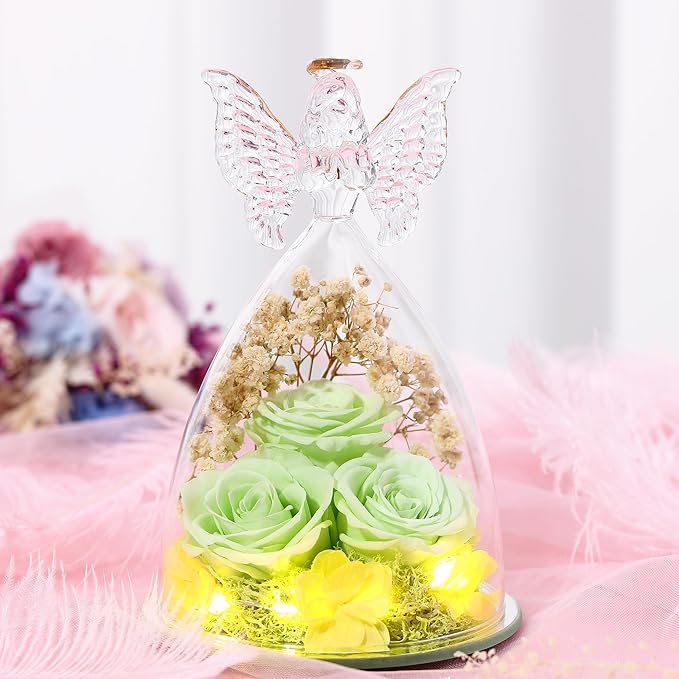 Mothers Day Rose Gifts for Women Preserved Flowers in Glass Angel Forever Flowers Gifts Eternal Roses Gifts for Grandma, Green