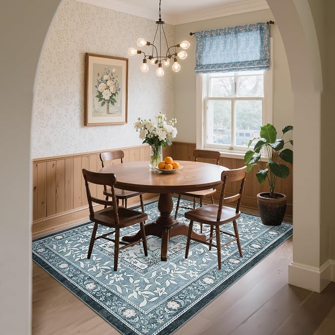 GarveeHome Provence Area Rugs 10x13 Living Room, Botanical Grove Misty Blue Cottagecore Washable Rug for Bedroom Dining Nursery Low-Pile Vintage Large Carpet