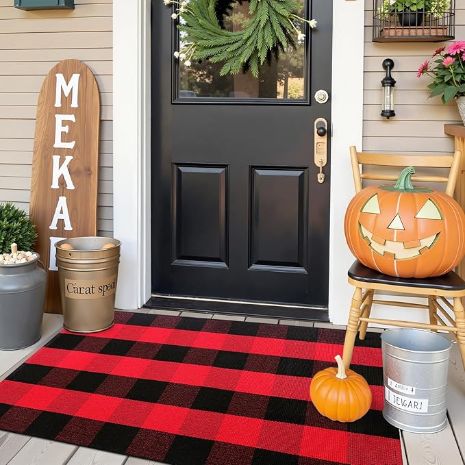 OLANLY Buffalo Plaid Rug 2' x 3' (24" x 36") – Red and Black Cotton Checkered Doormat, Washable Indoor Outdoor Rug for Layered Front Porch, Kitchen, Entryway Decor