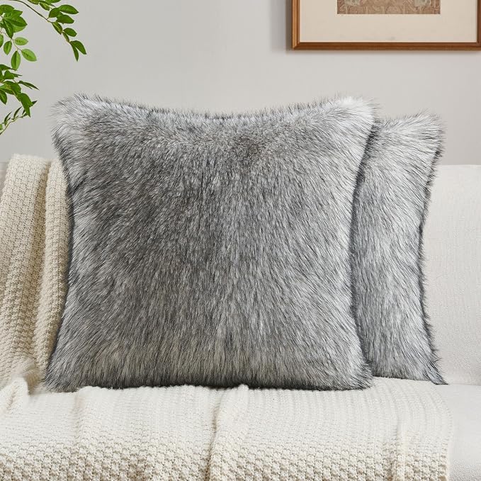 FUTEI Pack of 2 Faux Raccoon Fur Plush Throw Pillow Covers 18x18 Inch Soft Fluffy Farmhouse Decorative Cushion Case Modern Luxury Accent for Couch Bed Living Room, Beige Gray