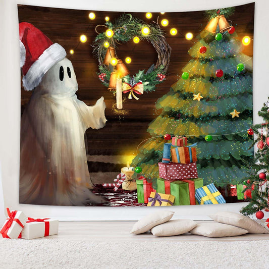 QGHOT Christmas Tapestry Wall Hanging Christmas Tree Backdrop Cute Ghost Wall Decor Xmas Holiday Tapestries for Kids Bedroom Living Room Dorm Party Decoration, Extra Large