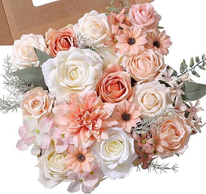 rongflower Artificial Flowers Combo Set Fake Flower Leaf for DIY Wedding Bouquets Floral Centerpieces for Tables Party Baby Shower Home Decorations(Champagne)