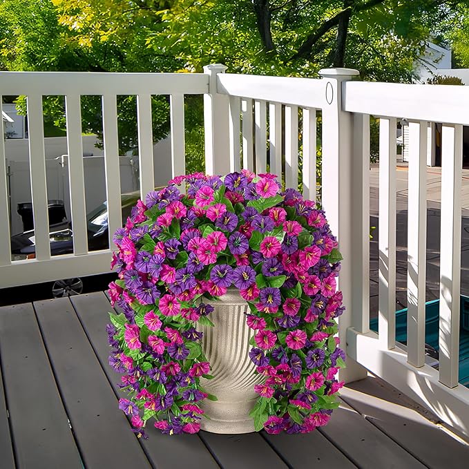 INXUGAO Artificial Flowers with Hanging Basket, Outdoor Faux Plants Silk Morning Glory Vines, Fake Green Arrangement for Garden Patio Spring Summer Decor(4pcs,Purple Red Violet)