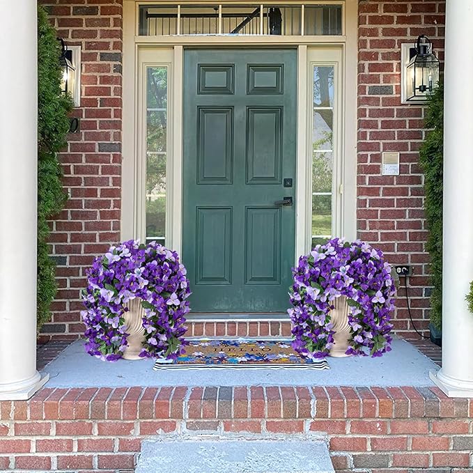 INXUGAO 2 pcs Artificial Faux Bougainvillea Flowers Plants for Outdoor Outside Summer Decoration, Fake Silk UV Resistant Long Trailing Vines for Front Door Porch Planter Balcony (Purple Dark Purple)