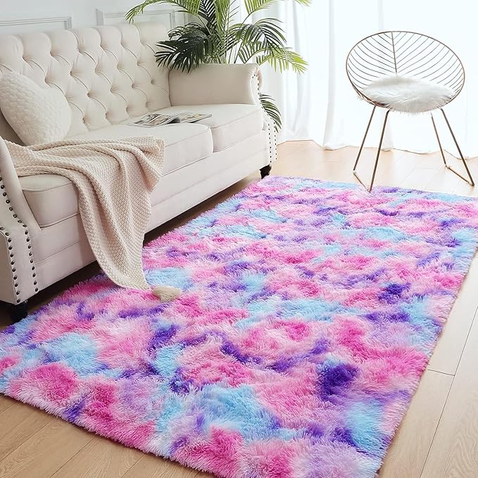 AROGAN 8x10 Feet Soft Rainbow Area Rugs for Kids Girls Room, Fluffy Cute Colorful Princess Carpet for Kids Teens Nursery Toddler,Bedroom, Hot Pink