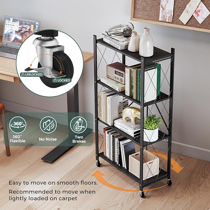 DEANIC 4 Tier Foldable Storage Shelves with Wheels, No Assembly Organizer Rack for Garage Kitchen, Basement, Pantry,Perfect for Craft Shows & Vendor Events(Black)