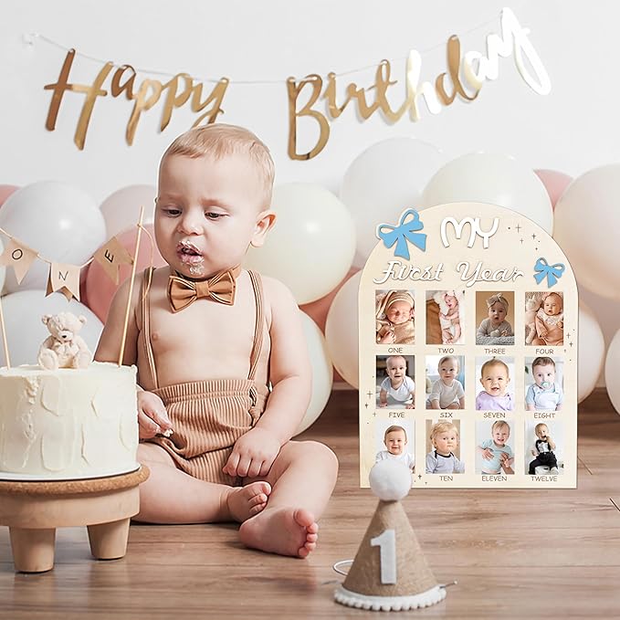 Aukolass Bow One Year of Photo Board, My First Year Photo Photo Board 12 Monthly Milestones Picture Frame for Baby Girl 1st Birthday Decorations (pink) (blue, fit 2" x 3" photo)