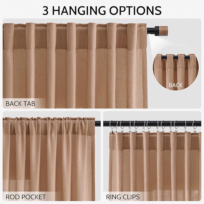 Peach Linen Curtains 90 Inch Long 2 Panels for Girl Bedroom Soft Linen Textured Window Drapes Semi Sheer Light Filtering Rod Pocket Back Tab Farmhouse Curtain Soft Vibrant Living Room 52x90
