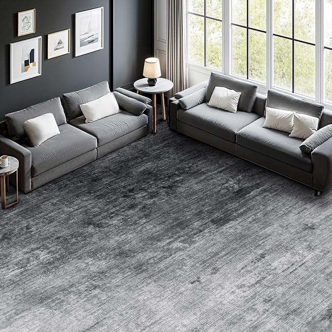 10x14 Washable Area Rug, Gray Solid Area Rugs for Living Room & Bedroom | Stain-resistant & Non-slip backing,Low Pile Washable Large Carpet, Solid Vintage Style For High Traffic Areas(10x14,Gray)