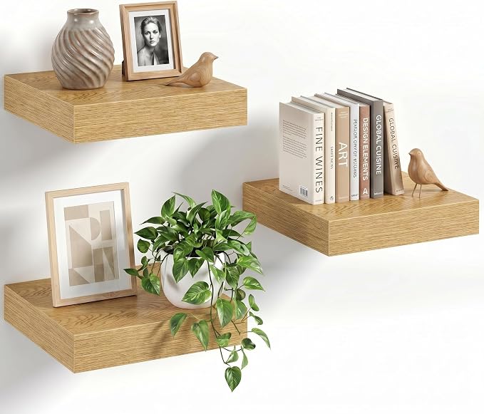 8" Long x 8" Deep Floating Shelves for Wall, Set of 3, 1.5" Thick, Oak | Rustic Wood Wall Shelves with Invisible Brackets, Storage and Display for Bathroom, Bedroom, Living Room or Kitchen