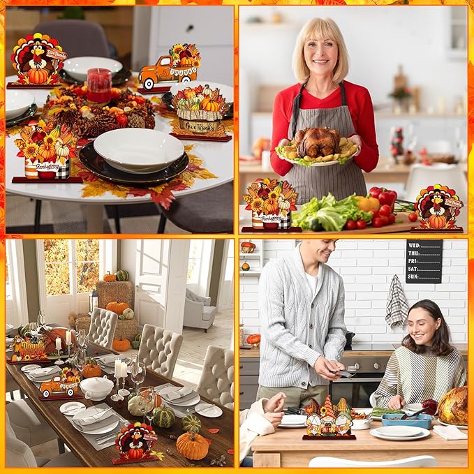 Cinnvoice 6 Pcs Thanksgiving Turkey Table Decorations Wooden Table Centerpieces Rustic Wood Tabletop Sign Decorations for Home Kitchen Office Farmhouse Desk Shelves Party Tiered Tray Decor