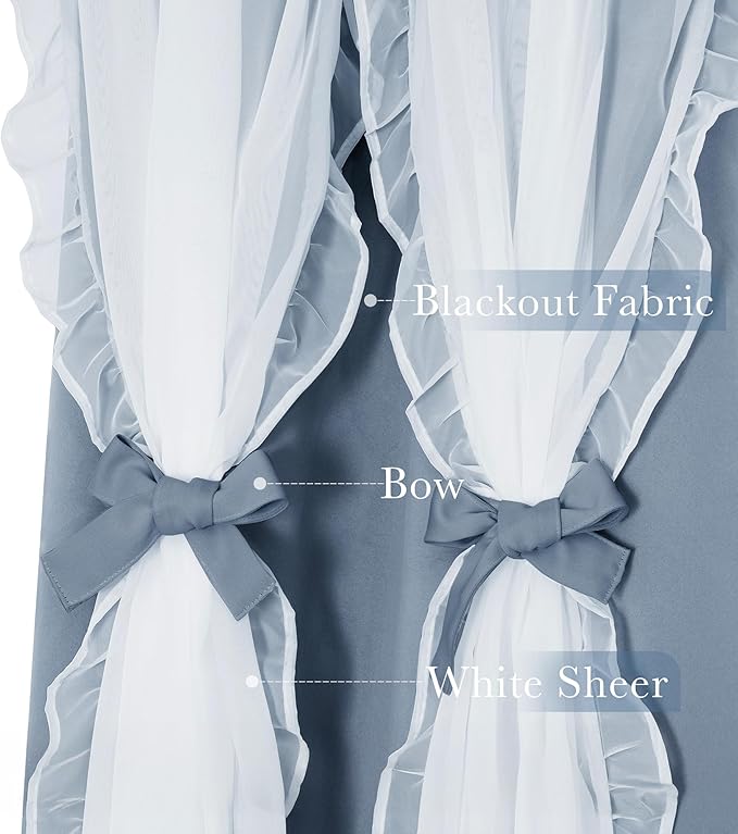 PONY DANCE Double Layer Curtains with Ruffle Sheer Overlay for Whimsical Forest Teen,Shabby Chic Room Darkening Drapes with Tiebacks, 52" Wide x 84" Long, Pigeon Blue, 2 Panels