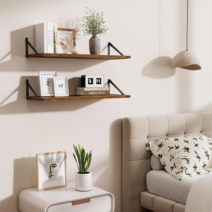 Acovy Deep Floating Shelves for Wall,30" Wx10 D Wood Floating Shelf Set of 2,Sturdy Metal Bracket Wide Display & Storage,Wall Mounted Hanging Floating Shelves for Living Room,Bedroom,Rustic Brown