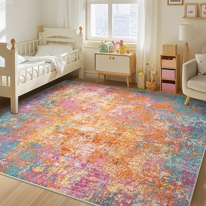 RELEANY Washable Area Rugs 6'x9' Non-Slip Modern Abstract Soft for Living Room Entryway Bedroom Nursery, Print Pattern, Orange Blue Pink Yellow Colorful