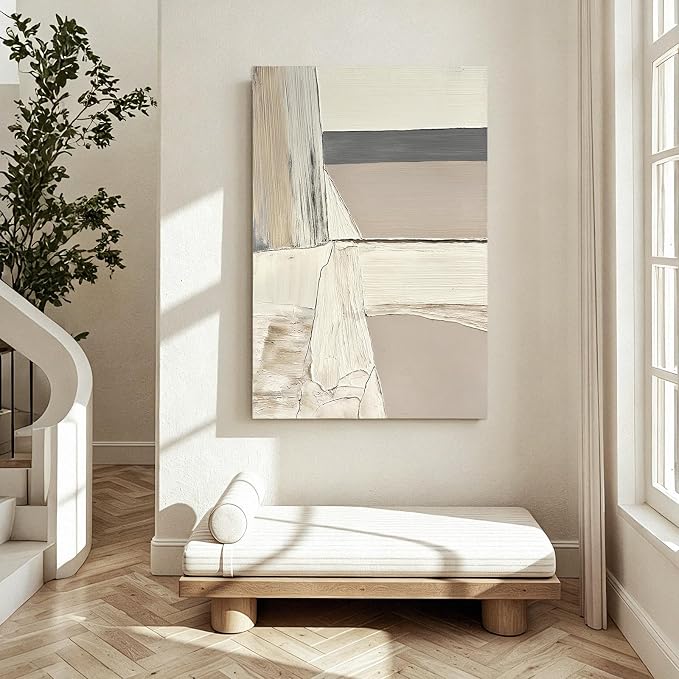 Abstract Canvas Wall Art, 24x36" Hand Painted Original Neutral Oil Painting | Textured White Beige Gray Layered Composition Modern Vertical Wall Decor for Living Room Bedroom Office Framed Ready to Hang