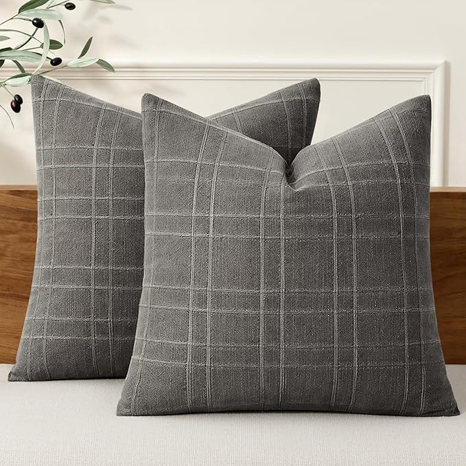 MIULEE Decorative Linen Check Lumar Throw Pillow Covers Neutral Farmhouse Vintage Pillow Covers 20x20 Inch Set of 2 Boho Modern Home Decor for Sofa Couch Bedroom Cushion Chair Charcoal Gray
