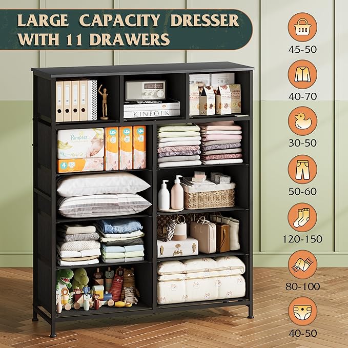 WLIVE Storage Organizer Unit with 11 Fabric Bins, Storage Drawers Organizer with Steel Frame, Tall Storage Tower Organizaton for Living Room, Hallway, Office, Vintage Green