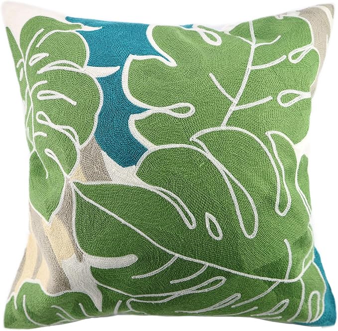 Embroidery Throw Pillow Cover Tropical Leaves 18x18 Inches Decorative Floor Pillow Cover for Couch 100% Cotton Cushion Cover Pillow Case Full Size Monstera Leaf Embroidered, Green, 1 Piece