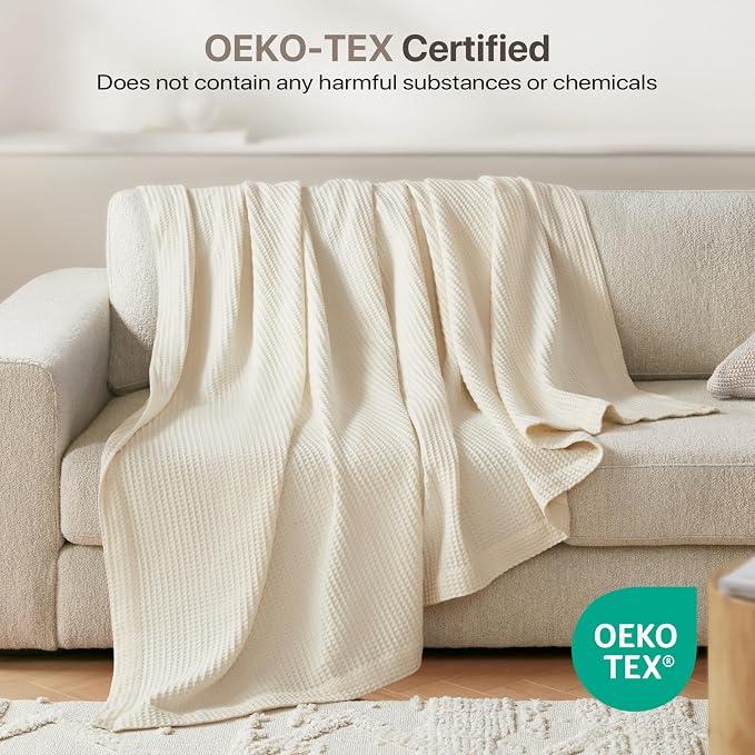 Madison Park 100% Cotton Blanket, Trendy Woven Waffle Weave Design, All Season, Lightweight, Breathable, Soft and Cozy Casual Summer Cover, for Bed, Couch and Sofa, Full/Queen(90 in x 90 in), Ivory