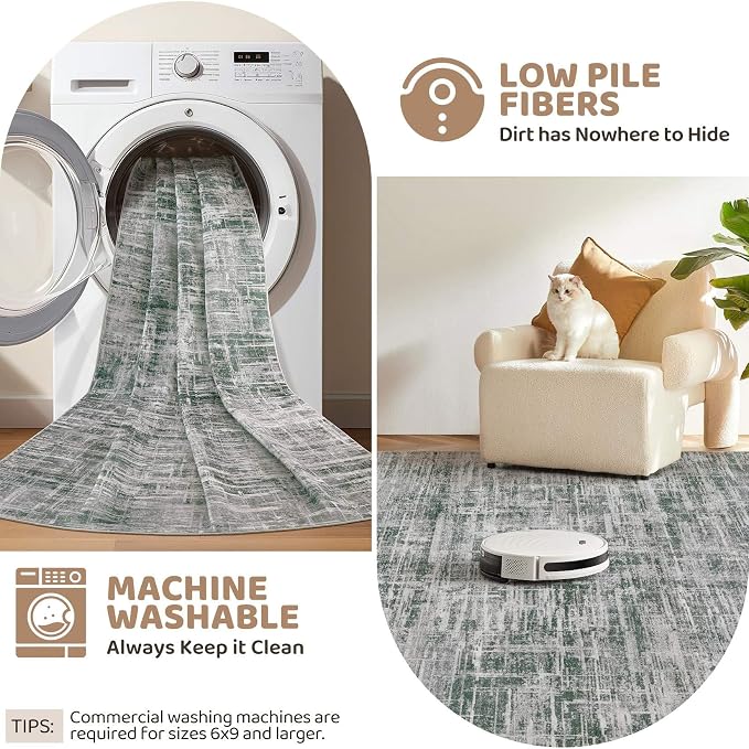 UERMEI 6x9 Washable Area Rug for Living Room: Modern Neutral Abstract Soft Low Pile Carpet Non-Slip Pet Kids Friendly Indoor Decor for Bedroom Dining Room Home Office Nursery Grey/Green