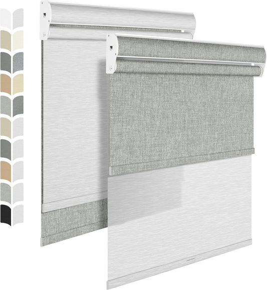 BERISSA Cordless Dual Roller Shades with Cassette Valance,Double Window Shades Blackout and Light Filtering Shades,Day and Night Roller Shades for Home Office Door.Linen Grey and White.34 W x 48" H