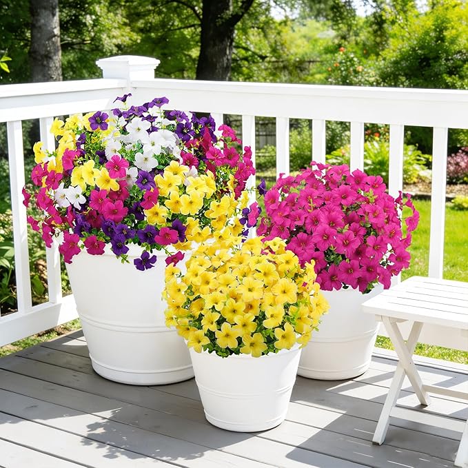 20 Bundles Artificial Petunias Flowers for Outdoors, Faux Silk Flowers UV Resistant Realistic Fake Plants for Outside Planters Porch Patio Yard Garden Spring Summer Home Decor, Multicolor
