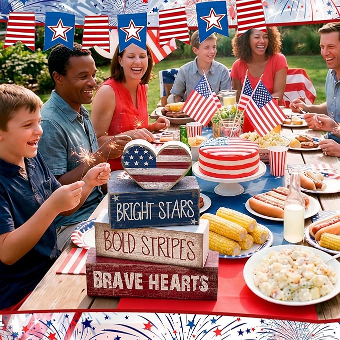 CroBlissful 4 Pcs 4th of July Decorations Patriotic Memorial Day Tabletop Decorations Red White Blue Table Centerpieces Sign for Office Tiered Tray Home Shelf 250th Anniversary(Brave Heart)