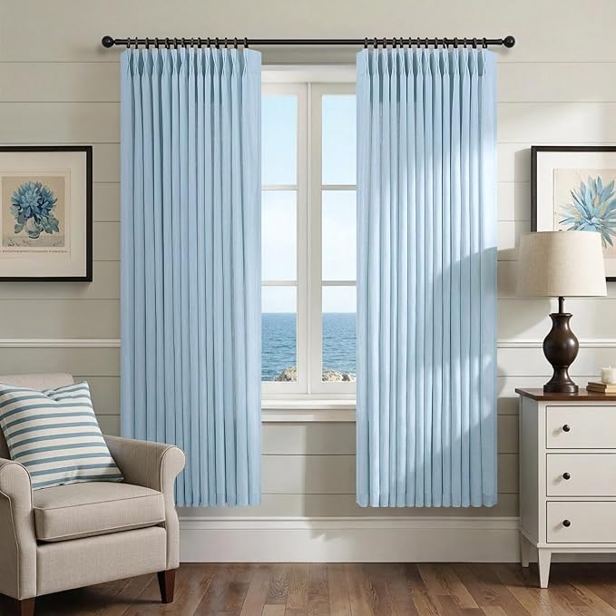 Light Blue Pleated Linen Curtains 72 Inches Long for Living Room 2 Panel Semi Sheer Light Filtering Pinch Pleat with Rings Hooks Boho Farmhouse Drapes Pale Sky Blue Bailey Curtain for Bedroom Window