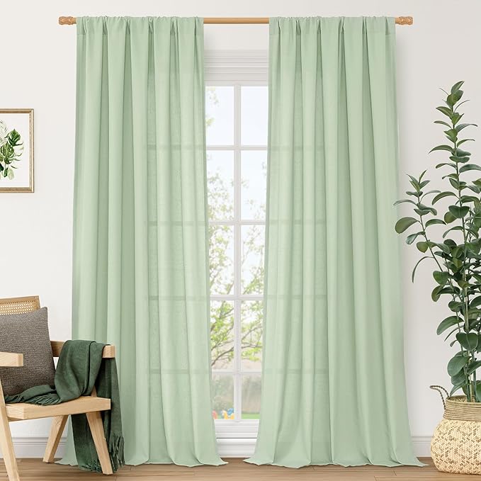 LAMIT Linen Curtains 84 inches for Bedroom, Faux Linen Textured Light Filtering Drapes Rod Pocket Boho Semi Sheer Panels for Farmhouse/Living Room, 2 Panels, 52 x 84 Inch, Light Green