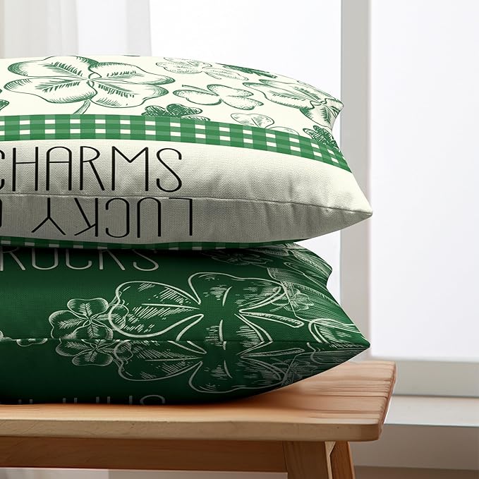 Green Lucky Charm Lumbar Pillow Covers 12x20 Set of 2 Hello Shamrocks St Patricks Day Throw Pillow Covers Clover Hat Cotton Linen Cushion Case for March Holiday Home Outdoor Decor Sofa