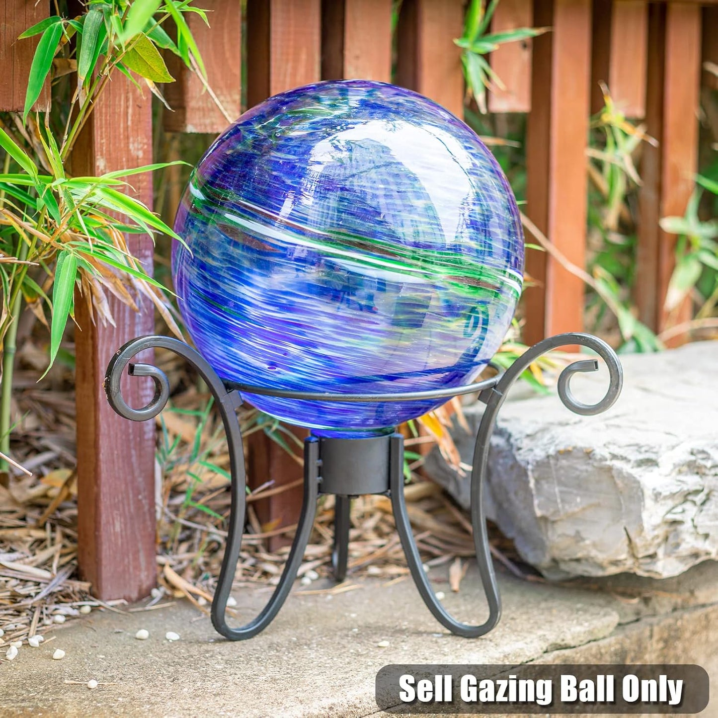 VCUTEKA Glass Outdoor Gazing Globe, Blue and Green Hand Painted Swirled Sphere for Patio Garden Gazing Ball Yard Ornament, 10 Inch