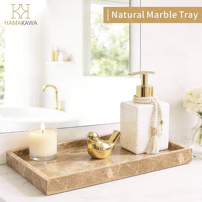 Large Bathroom Vanity Tray, Real Natural Marble Tray 12 inch, Emperador Light Marble Stone Toilet Tank Trays, Modern Dresser Trays, Countertop Organizer for Kitchen Counter, Soap Dispenser